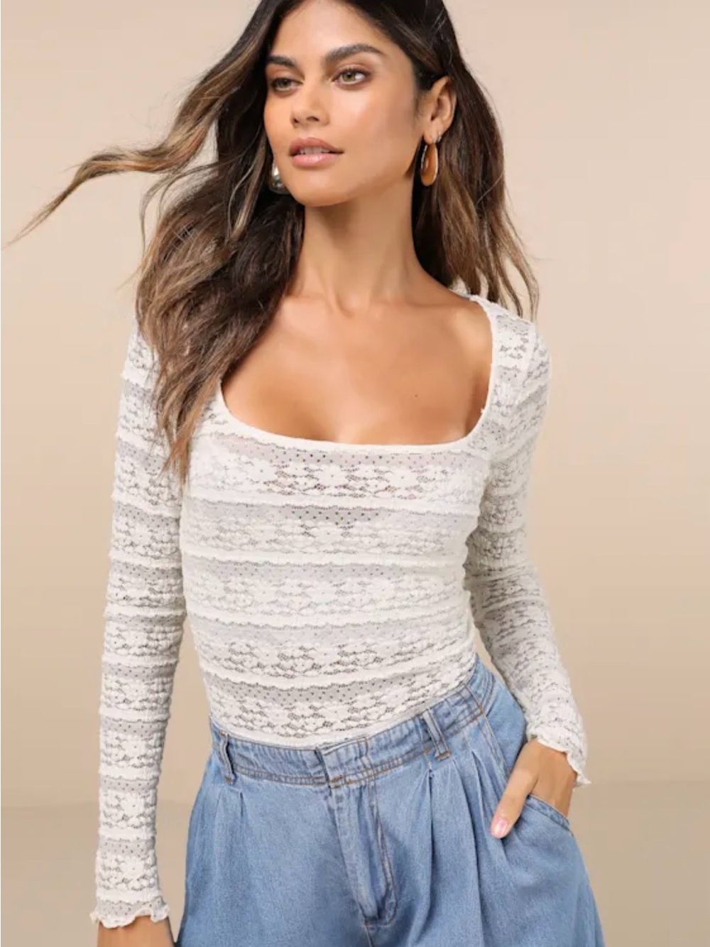 NWT Lulus Adorably Captivating Cream Sheer Lace Long Sleeve Top - size small